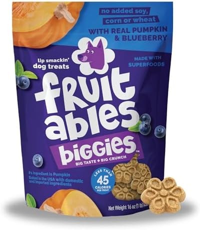 Fruitables Biggies Dog Biscuits, Healthy Treats for Dogs, Doggie Biscuits, Crunchy Pumpkin Treats, Made Without Wheat, Corn and Soy, Made in the USA, Pumpkin and Blueberry Flavor, 16oz
