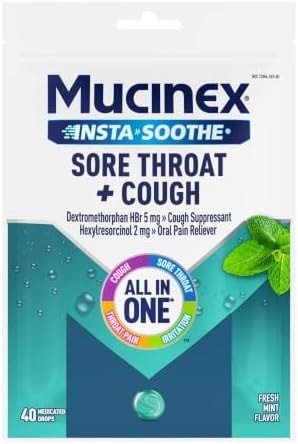 Mucinex InstaSoothe Sore Throat + Cough Relief Alpine Herbs & Mint Flavor, Fast Acting, Cooling Comfort, Powerful Sore Throat Oral Pain Reliever, 40 Medicated Drops
