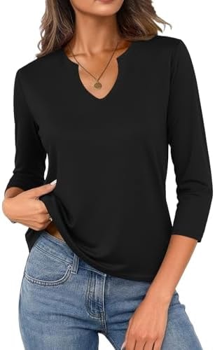 JUSTFASHIONNOW Women's 3/4 Sleeve Cotton V Neck T-Shirt Tops, Black, S