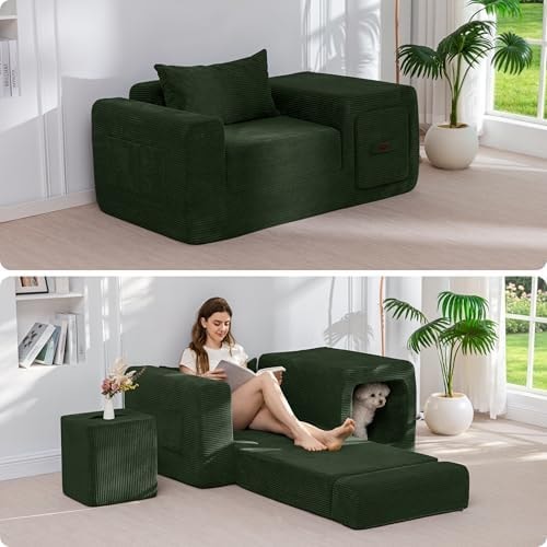 MAXYOYO Folding Sofa Couch, Convertible Floor Sofa with Armrest, Multifunctional Sofa with Pillow and Pockets, Boneless Couch for Living Room, Dark Green