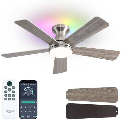 Ombrin 42 Inch Ceiling Fans with Lights, RGB Ceiling Fan with Light, App&Remote Control, Flush Mount Low Profile, Reversible, 3CCT, Dimmable LED, Noiseless, Nickel Ceiling Fan for Bedroom