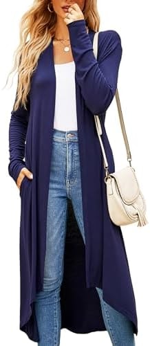 Newchoice Lightweight Long Cardigans for Women Fall,Dressy Casual Long Sleeve Cardigan Sweaters Loose Kimono Jackets with Pockets(Navy Blue,XXL)