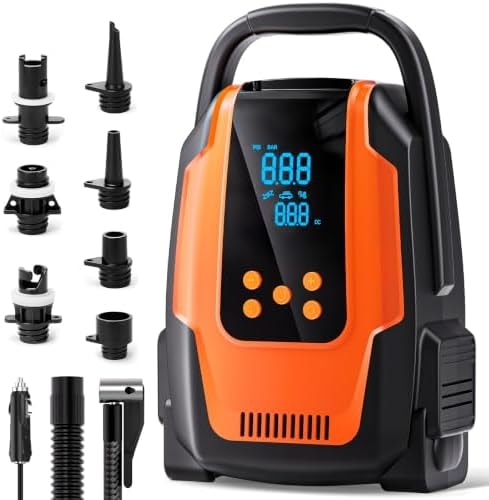 Paddle Board Electric Pump, 50 PSI High Pressure SUP Pump with Auto-Off, 12V DC Paddleboard Pump with Inflation & Deflation, 8 Nozzles Air Pump for Paddle Board, Inflatables, Kayaks, Car Tires, Orange