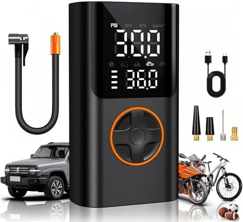 AIRSURE Tire Inflator Portable Air Compressor, Bike Pump with Gauge and USB Charging Output, 150PSI Fast Inflation Portable Tire Inflator for Car Bicycles Motorcycles Scooter Balls