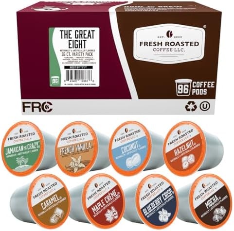 Fresh Roasted Coffee, The Great Eight, Flavored Coffee Pod Variety Pack Flavored K-Cup Pods for Keurig Brewers, Medium Roast, Kosher, 96 Count Loose Pack