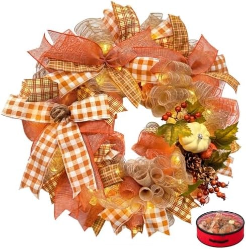 Presentastic 24 Inch Fall Wreaths for Front Door, Pumpkin Autumn Wreath