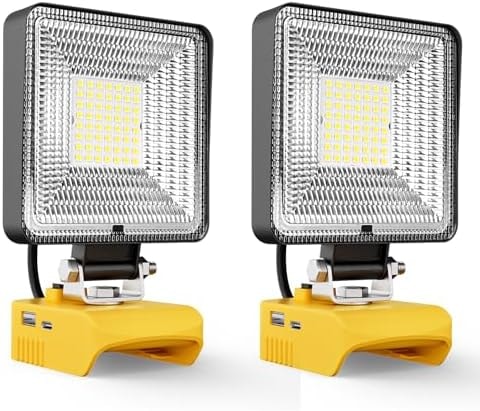 LIVOWALNY 60W LED Work Lights Compatible with Dewalt Battery, 2PCS 6000LM Flashlight with USB A & USB C Output Port Low Voltage Protection, Cordless Portable Floodlight for Outdoor(Tool Only)