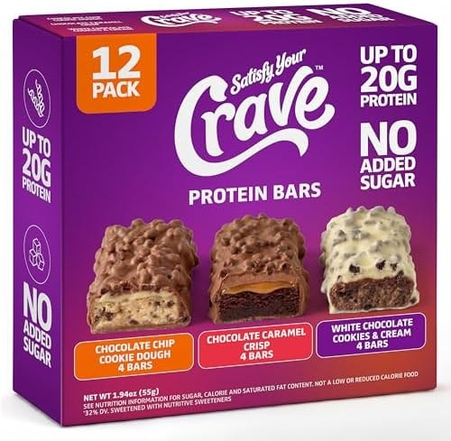Satisfy Your Crave Protein Bars- High Protein Delicious Snacks- 19-20g of Protein, No Added Sugar- Variety Pack- Cookie Dough, Choc Caramel, Cookies & Cream- On-the-Go Snack, Pantry Staple & for Office, 12 Pack