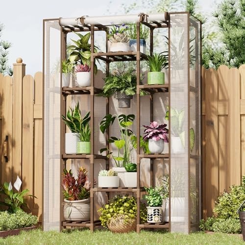 Bamworld Greenhouse Indoor Outdoor Tall Green House for Multiple Plants 10 Tiers 11 Pot Large Plants Holder Rack Wood Warm Houses for Room Corner Balcony Garden Patio