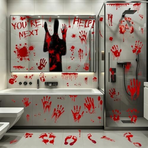 67PCS Bloody Halloween Decor, Handprint Halloween Window Clings for Home