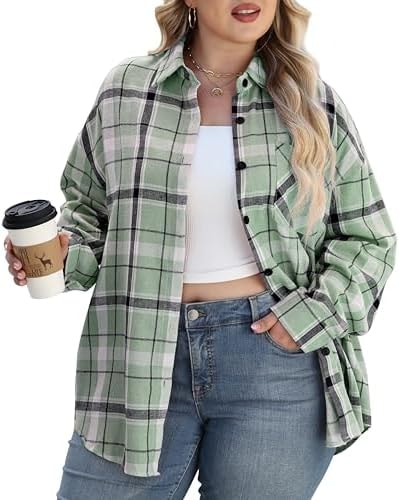 Dookttker Womens Plus Size Buffalo Plaid Flannel Shirt Button Down Blouses