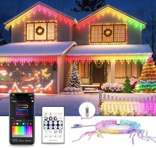 AHAWILL Icicle Lights for Outside,33ft Christmas Lights Outdoor with Dimmable 255LED,IP65 Waterproof,USB Plug in Curtain String Lights with DIY Scene Modes for Party,Roof,Halloween Decor(Multicolor)