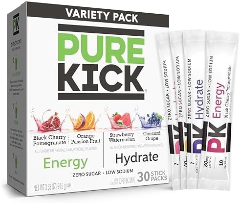 PURE KICK Energy and Hydrate Singles To Go Drink Mix Variety Pack, Black cherry Pomegranate, Orange Passion Fruit, Strawberry watermelon and Concord Grape, 30 Count (Pack - 1)