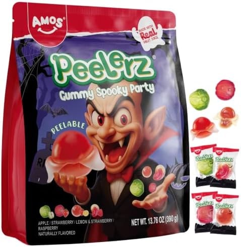 Amos Peelerz Halloween Mixed Peelable Gummy Candy,Approx 70 Pieces Fun Assorted Fruit Soft Chewy Gummies, Octagonal Sealed Bag Novelty Holiday Treats for Kids Adults Halloween Party Favors