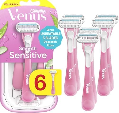 Gillette Venus Sensitive Disposable Razors for Women with Sensitive Skin, 6 Count, Delivers Close Shave with Comfort