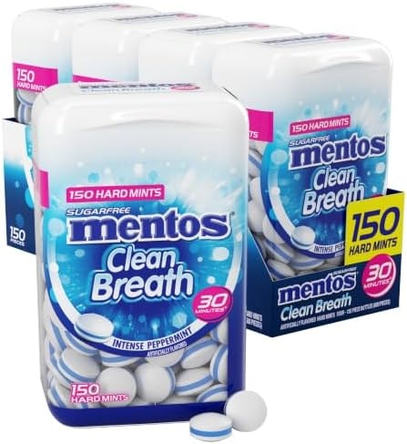 Mentos Clean Breath Hard Mints, Peppermint, 150 Piece Bottle (4 Pack)