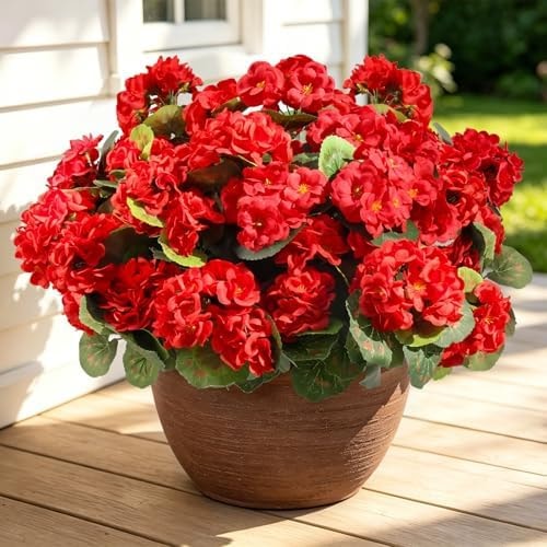Flortevera Artificial Geraniums Fake Flowers for Outdoors, 12PCS Red