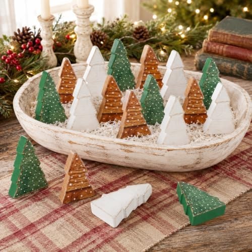 RattanView 18 Pcs Christmas Tree Wooden Signs, Neutral Farmhouse Table Sign