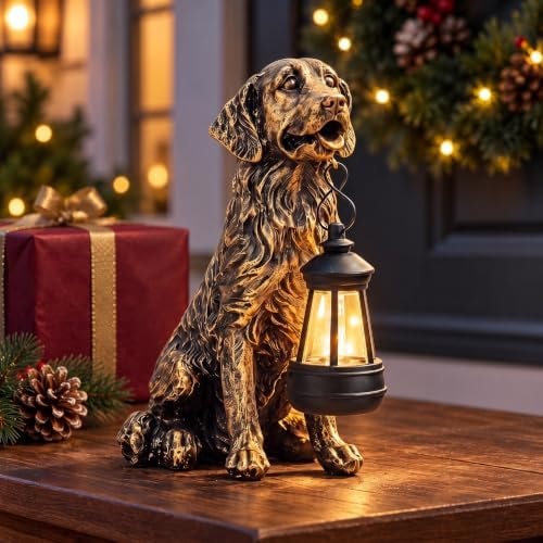 Garden Dog Solar Statue with Lantern, 7.6 in Outdoor Figurine Decor