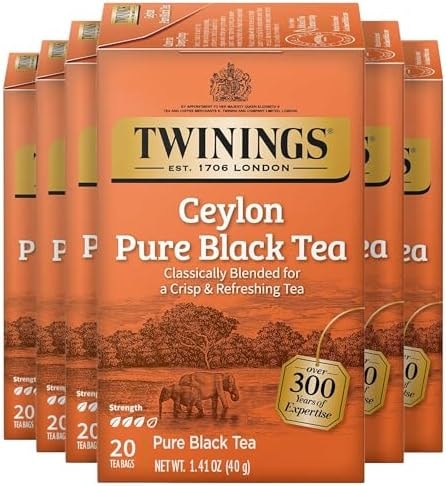 Twinings Ceylon Pure Black Tea Individually Wrapped Bags, 20 Count (Pack of 6), formerly Ceylon Orange Pekoe, Crisp, Refreshing, Caffeinated, Enjoy Hot or Iced, 120 Teabags