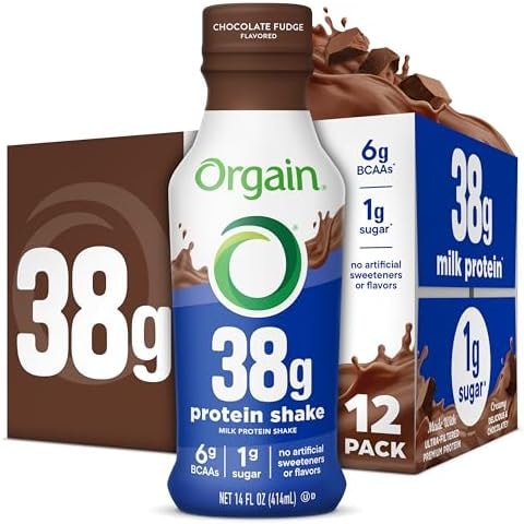 Orgain 38g High Protein Grass-Fed Shake, 6g BCAAs, Chocolate, 14 oz, 12pk