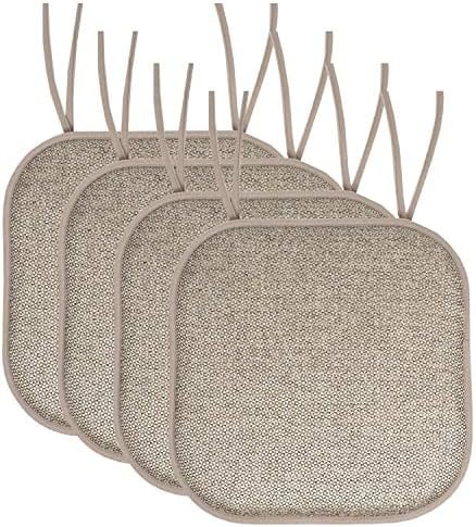 Sweet Home Collection Chair Cushion Memory Foam Pads with Ties Honeycomb Pattern Slip Non Skid Rubber Back Rounded Square 16" x 16" Seat Cover, 4 Pack, Cameron Beige Taupe