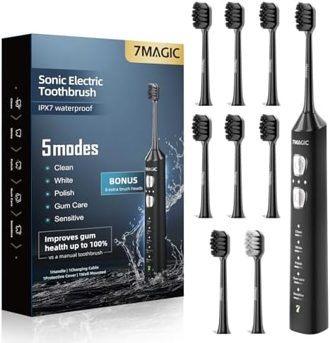 7MAGIC Sonic Electric Toothbrush, 180-Day Runtime, 42000 VPM, 8 Heads, Black