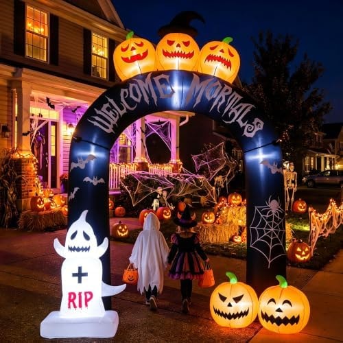7.9 FT Halloween Inflatable Pumpkin Ghost Archway with Built-in LED Lights Weatherproof Outdoor Yard Decoration for Garden, Lawn, Indoor & Outdoor Use