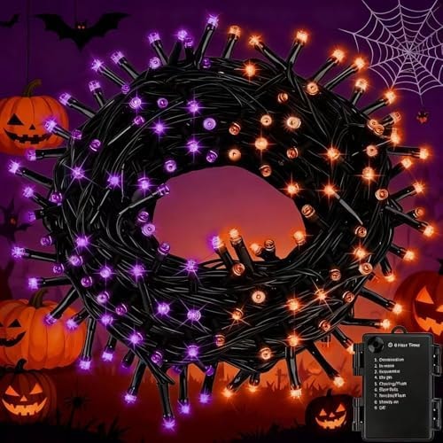 FairyGlim Purple&Orange Halloween Lights, 33FT 100 LED Outdoor String Light with Timer & 8 Modes, 3AA Battery Operated Waterproof String Light for Outdoor and Indoor Halloween Decor