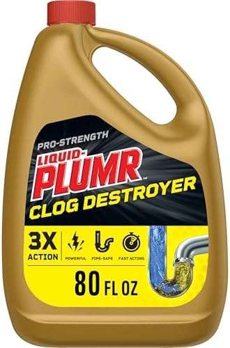 Liquid-Plumr Pro-Strength Full Clog Destroyer, Bathroom & Kitchen Sinks, Shower and Tub Drain, Safe for Pipes, Liquid Drain Cleaner, 80 Fluid Ounces