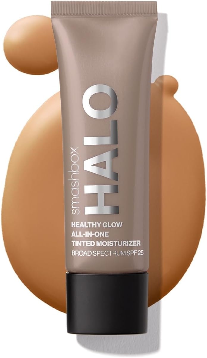 Smashbox Halo Healthy Glow Tinted Moisturizer with SPF 25 | 24-Hour Hydrating Skin Tint with Buildable Coverage and Dewy Finish | Hyaluronic Acid & Niacinamide for Face, Tan Dark, 0.41 Fl Oz