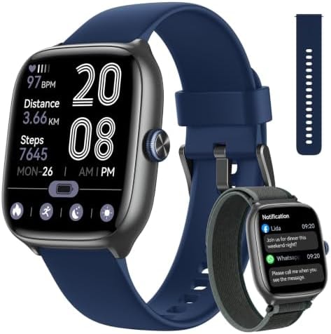 Woneligo Smart Watch for Men Android & iPhone [43mm 3 Bands], 1.75‘’ AMOLED Display Fitness Watch with Answer/Make Calls, 110+ Sport Modes, Heart Rate/Sleep/SpO2 Monitor, 3ATM Waterproof (Deep Blue)
