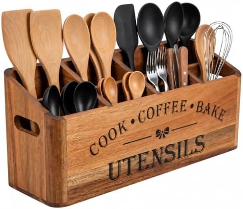 YanKiTour Acacia Wood Utensil Holder, 4 Compartments, Countertop or Wall
