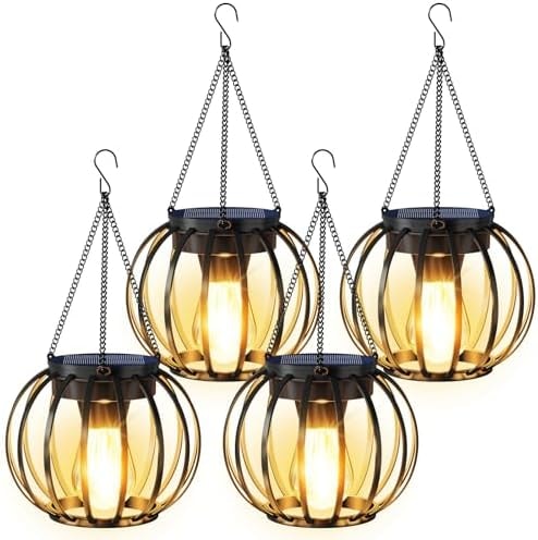 AOUNQ Solar Lanterns Outdoor Waterproof Metal Solar Hanging Lantern, 4Pack