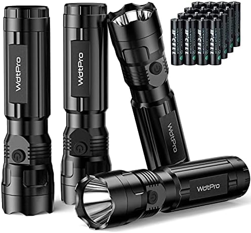 WdtPro 4 Pack LED Flashlights, Bright Flashlight with 16 AAA Batteries, Super Long Battery Life, Single Mode, High Lumens, EDC Flash Lights for Emergencies, Hurricane Supplies, Camping
