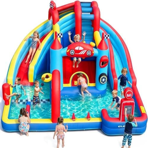 ELEMARA Speed Racer Kids Inflatable Water Slide Bounce House, 15 in 1 191x175in Double Slide Water Park with Climbing Wall, Splash Pool, Water Cannon, Basketball, Dartboard, Boxing Post, 750W Blower