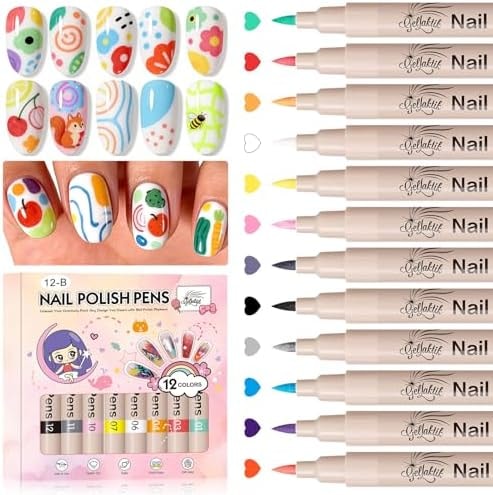 GELLAKTIK Nail Art Pens,12 Colors 0.7mm 3D Nail Polish Pens for Women