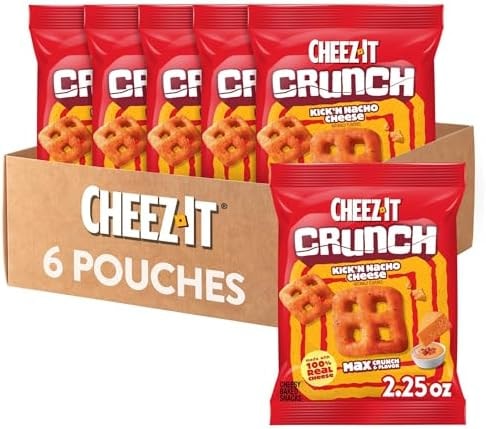 Cheez-It Crunch Cheesy Baked Snacks, Lunch Snacks, Kick'n Nacho Cheese (6 Pouches)