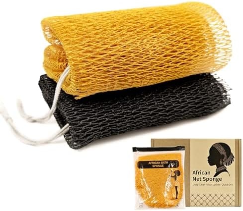 Authentic African Net Sponge with Knots,Travel Bath Sponge,Extra Rough Body&Back Scrubber,Extra Long Stretchable Bath Net up to 47 Inches,Durable,Quick-Dry African Net with Zipper Bag (Black/Gold)