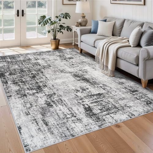 5x7 Area Rugs for Living Room: Washable Modern Abstract Non-Slip Rug Black