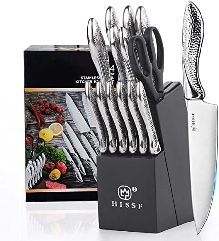 Knife set, HISSF Knife Set for Kitchen with Block, 14 Piece Kitchen Knife Set with Built-in Sharpener, Professional High Carbon Stainless Steel Kitchen Knives For Chopping, Slicing, Dicing