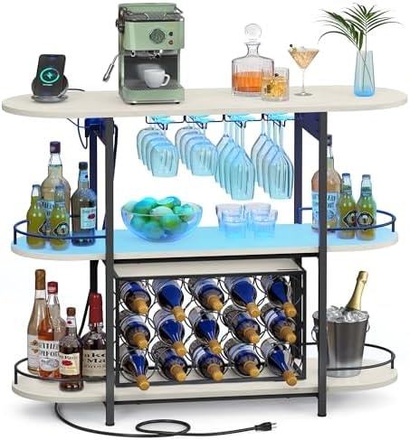 VASAGLE Bar Cabinets for Home, LED Coffee Bar with Power Outlets