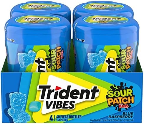 Trident Vibes SOUR PATCH KIDS Blue Raspberry Sugar-Free Chewing Gum, 4 Bottles of 40 Pieces (160 Total Pieces)