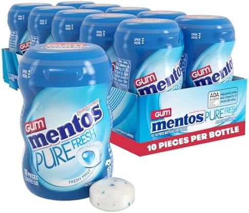 Mentos Pure Fresh Sugar‑Free Chewing Gum with Xylitol, Fresh Mint, Mini Nano Bottles, Miniature Pack Size, 10 Pieces (Pack of 10)