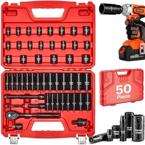 VEVOR 3/8" Drive Impact Socket Set, 50-Piece, Deep & Shallow Kit