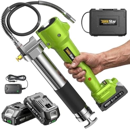 TaskStar Grease Gun with Lock-On Trigger for Effortless Greasing, Cordless Electric Grease Gun Kit, 2 Batteries, 40" Hose & LED Light, 14 oz Capacity for Tractor, Truck & Equipment Maintenance