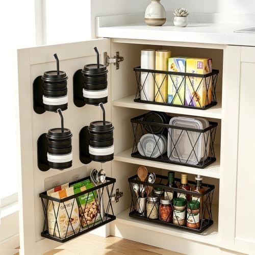 8 Pack Cabinet Door Organizer,No Drill Adhesive Metal Pot Lid Holder with 4 Storage Baskets &4 Tumbler Lid Holders,Rustproof Inside Cabinet Food Container Lid Storage Rack for Kitchen Pantry Bathroom