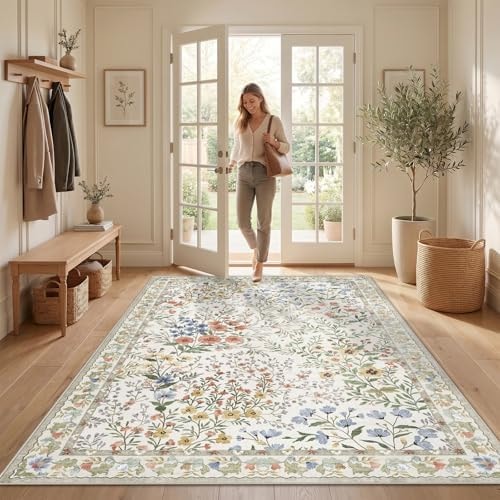 Washable Living Room Area Rug 5x7: Vintage Floral Accent Rug - Machine Washable Non Slip Low Pile Foldable Area Rug - Bedroom Dining Room Apartment Farmhouse Indoor Carpet - 5'x7' Beige