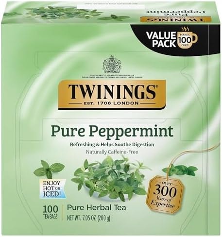 Twinings Pure Peppermint Herbal Tea Individually Wrapped Bags, 100 Count (Pack of 1), Fresh Minty Flavour, Naturally Caffeine-Free, Enjoy Hot or Iced, 100 Teabags