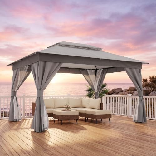 LAUSAINT HOME 10x12 Gazebo Canopy with Netting, Curtains & Double Roof